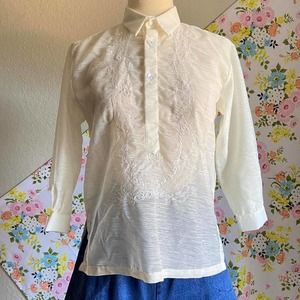 VINTAGE 90S  SHEER OFF WHITE TEXTURED 3/4 EMBROIDERED TOP size 14